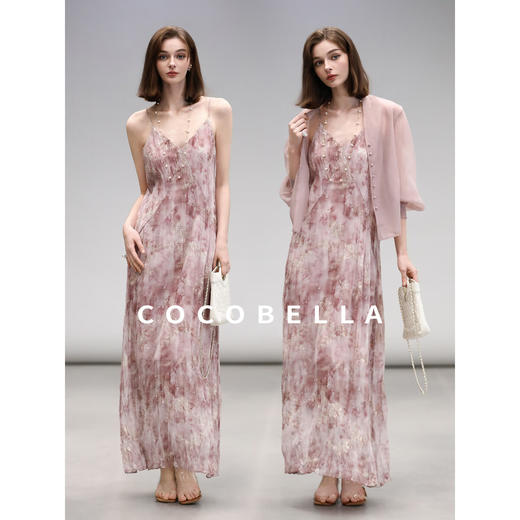 COCOBELLA假风金葱提花压褶连衣裙25春夏气质吊带裙FR3077 商品图1