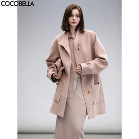 COCOBELLA气质粉温柔风毛呢外套质感金属扣中长款大衣WL7063-2