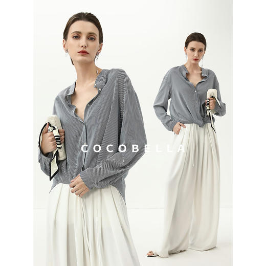 COCOBELLA设计感条纹拧花衬衫春夏通勤休闲小立领上衣SR3196 商品图1