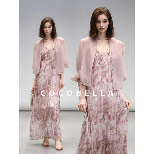 COCOBELLA假风金葱提花压褶连衣裙25春夏气质吊带裙FR3077 商品图3