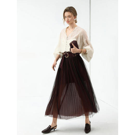 COCOBELLA手工压褶金葱网纱大摆半身裙气质酒红长裙HS7065-5 商品图2