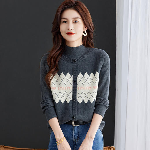 ML-5237 假两件半高领毛衣女秋冬2025新款加厚洋气内搭慵懒提花针织打底衫 商品图2