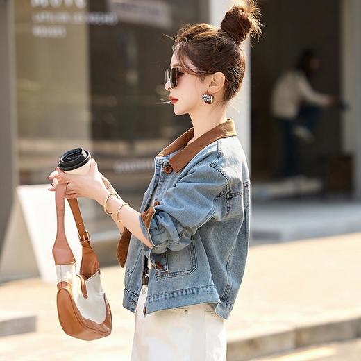 港风复古短款牛仔外套，撞色拼接翻领小个子夹克MUZI137 商品图0