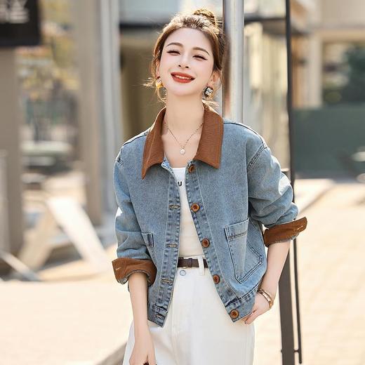 港风复古短款牛仔外套，撞色拼接翻领小个子夹克MUZI137 商品图3