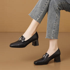 方头高跟鞋真皮深口小皮鞋，通勤黑色牛皮女鞋单鞋H3587