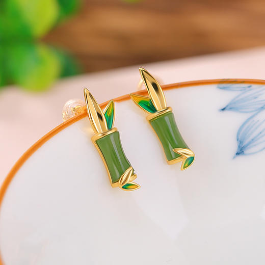 S925纯银镀金和田玉碧玉，竹节竹叶中式国风气质复古耳饰耳钉CW -ED03747 商品图1