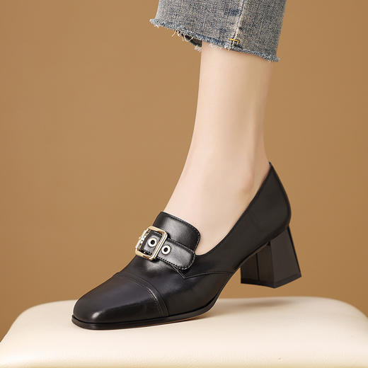 方头高跟鞋真皮深口小皮鞋，通勤黑色牛皮女鞋单鞋H3587 商品图3