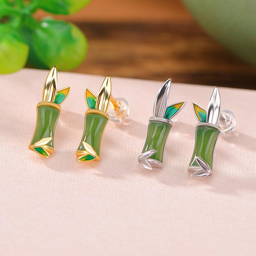 S925纯银镀金和田玉碧玉，竹节竹叶中式国风气质复古耳饰耳钉CW -ED03747 商品图0