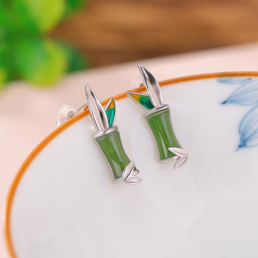S925纯银镀金和田玉碧玉，竹节竹叶中式国风气质复古耳饰耳钉CW -ED03747 商品图2
