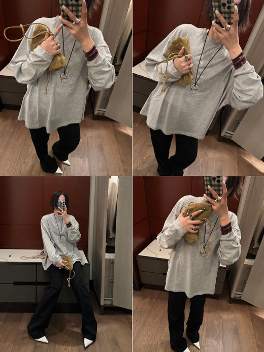 HIDEMI 【当当同款】极简圆领廓形落肩款oversize长袖基础款宽松t恤 奶油青柠绿/黑色/白色/浅灰 商品图4