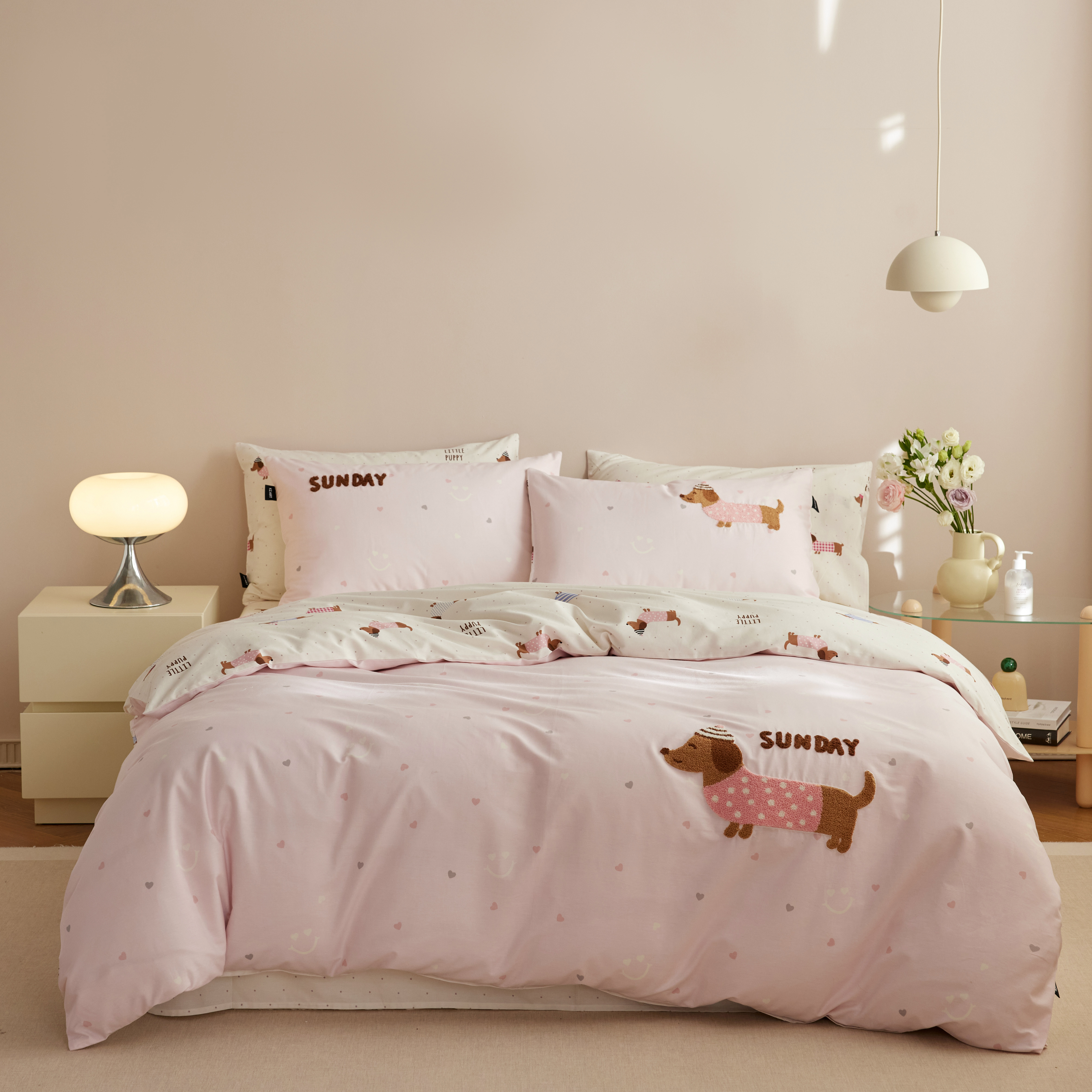 春夏呆萌小刺绣全棉四件套 柔韧透气耐磨纯棉套件