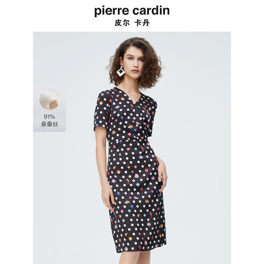 皮尔卡丹女装时尚波点修身通勤短袖真丝连衣裙P4227D4131B3 商品图0