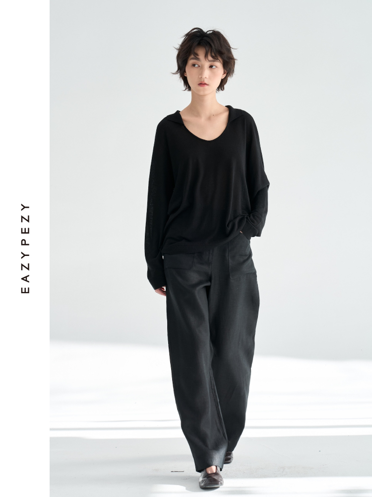 亚麻重磅高腰弯刀裤