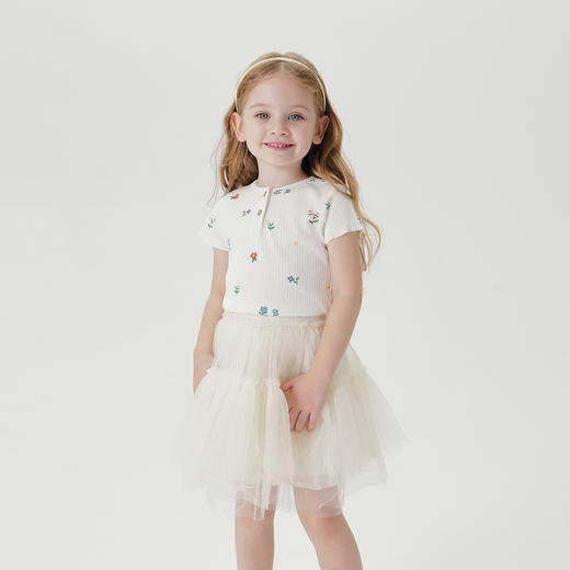 马克珍妮夏装新品 女童弹力针织花边短袖T恤230862 商品图1