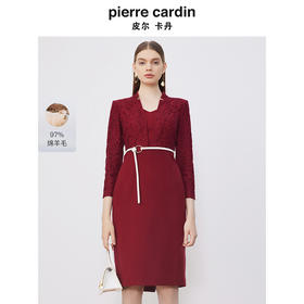 皮尔卡丹女装淑女蕾丝拼接毛呢通勤复古修身连衣裙P3318E3830T0