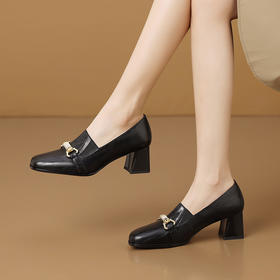 方头粗跟英伦乐福鞋，棕色5cm女鞋真皮鞋H3592