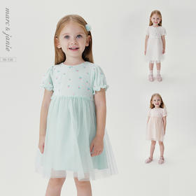 马克珍妮女童碎花罗纹泡泡袖网纱连衣裙公主裙儿童裙子夏装240722