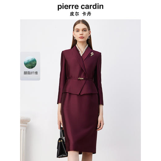 皮尔卡丹女装连衣裙酒红色缎面高贵醋酸假两件西服裙P3308E3983T0 商品图0