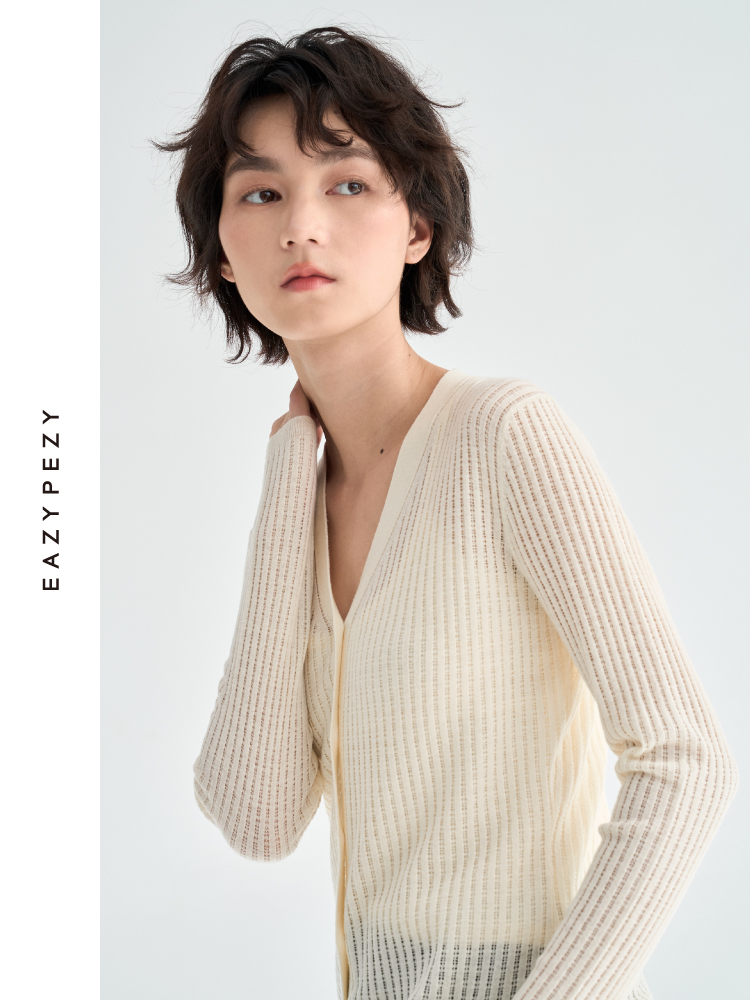 真丝羊毛V领镂空开衫