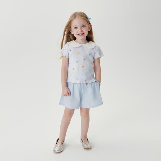 马克珍妮女童满底花卉娃娃领短袖T恤儿童纯棉上衣夏装新款240760 商品图2