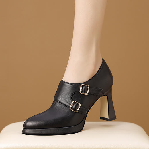 真皮粗跟防水台，深口高跟鞋黑色皮鞋H3585 商品图3