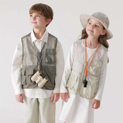 [山系户外]马克珍妮男女童镂空网眼拼接多口袋工装马甲春装550351 商品图1