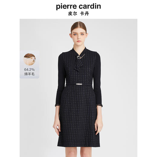 皮尔卡丹女装连衣裙蕾丝花边袖口黑色长袖淑女羊毛裙P2332E2947B3 商品图0