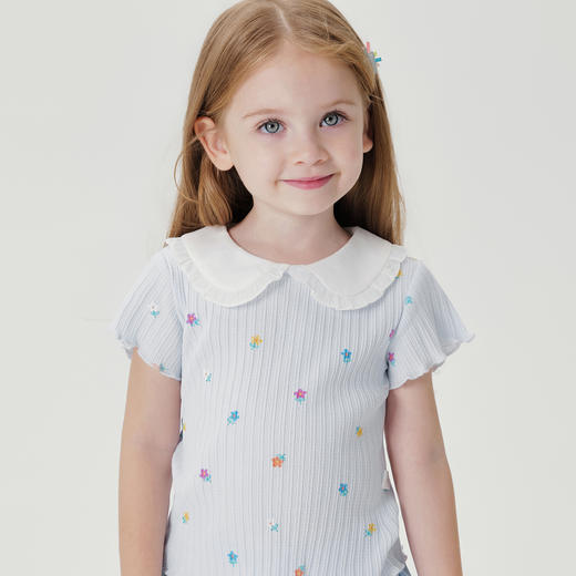 马克珍妮女童满底花卉娃娃领短袖T恤儿童纯棉上衣夏装新款240760 商品图3