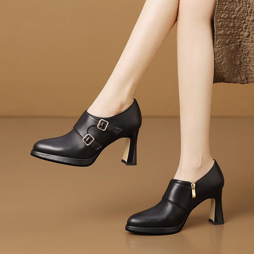 真皮粗跟防水台，深口高跟鞋黑色皮鞋H3585 商品图0