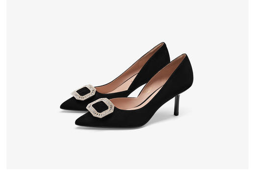 [克拉恋人]莎莎苏2025春新款方扣水钻尖头高跟鞋女羊绒面宴会单鞋 商品图0