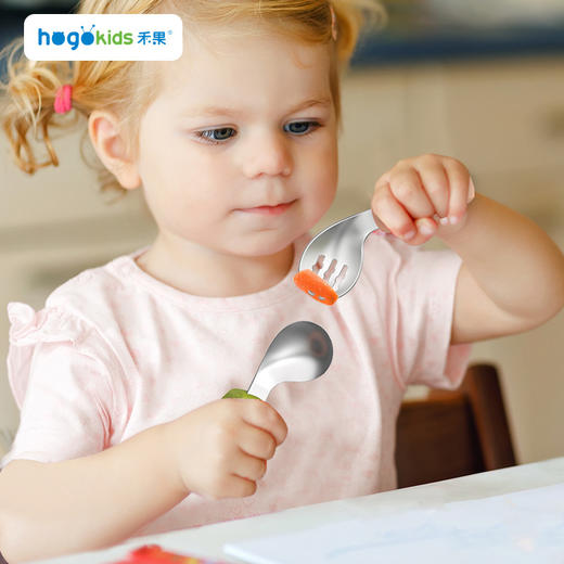 【圆环手柄，拼色组合】儿童叉勺304不锈钢 小童学吃饭短柄弯头叉子勺子 儿童餐具套装-QQ 商品图1