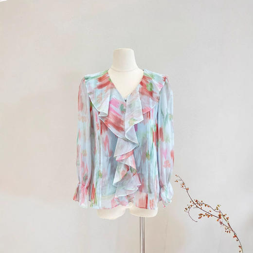 真丝衬衫女2025春夏新款乔其印花两件套荷叶边领100%桑蚕丝上衣 商品图0