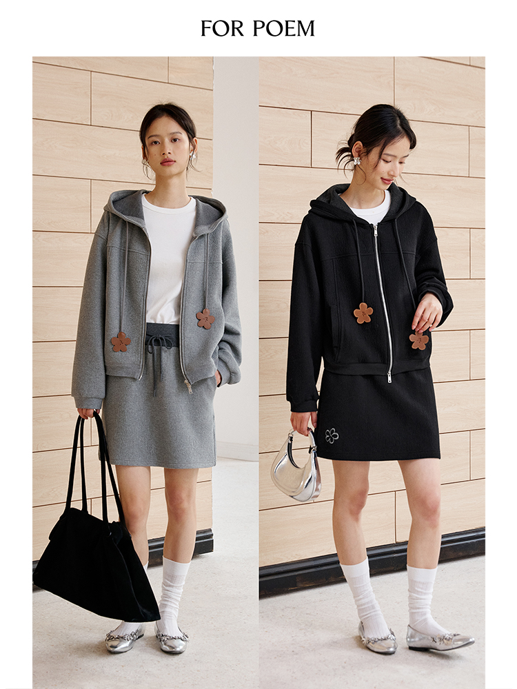 ForPoem 现货 25/SS原创设计肌理空气层花朵皮牌短款卫衣外套