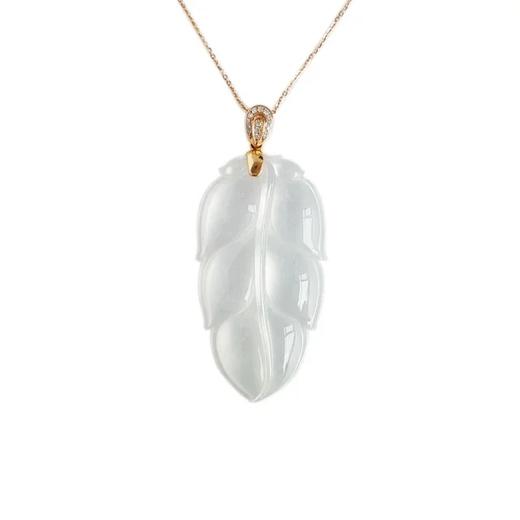 【天然正品】16.76克 AU750玫瑰金镶钻 天然高冰种 白色叶子金枝玉叶 翡翠吊坠 证书031016KC02 商品图0