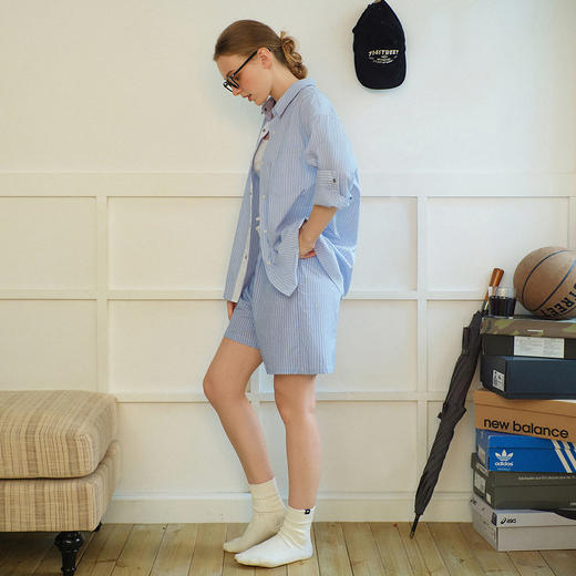 714street日系休闲全棉条纹长袖衬衫男2025春季新款宽松翻领外套 商品图0