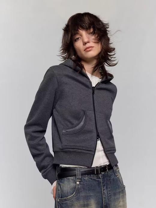 出逃赤岗西/24AWW128/原创灰色拼接格纹双拉链短款连帽卫衣 商品图0