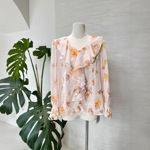 真丝衬衫女2025春夏新款乔其印花两件套荷叶边领100%桑蚕丝上衣 商品图1