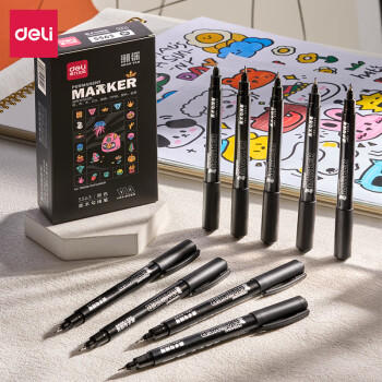 得力（deli）(deli)儿童学生黑色双头记号笔美术绘画勾线签字笔马克笔 勾边描线快干防水12支/盒 开学签名签到 商品图6