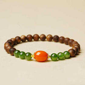 蜜蜡转运珠沉香和田玉手串6mm  天然碧玉珠串手链传承工艺制作国风设计带证书