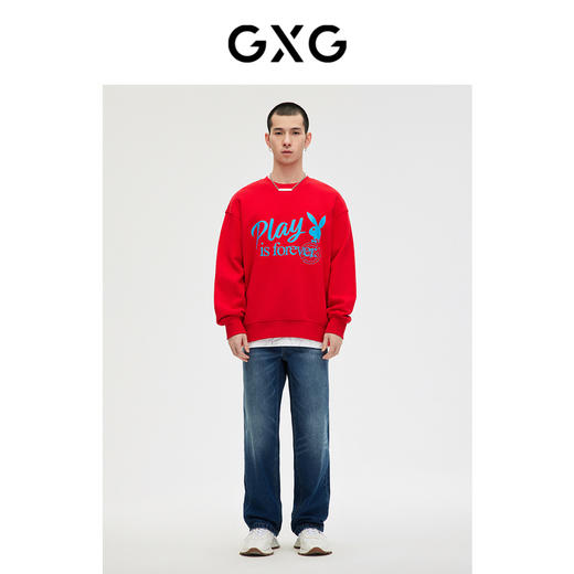 GXG男装红色撞色印花卫衣 圆领舒适休闲春季热卖时尚卫衣 GE1310196L 商品图1