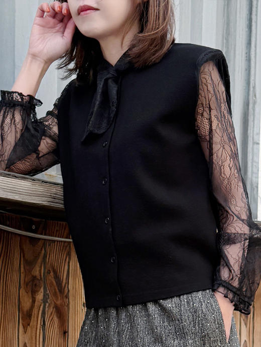 TYNVIE 蕾丝袖围巾领开衫-黑色 商品图0