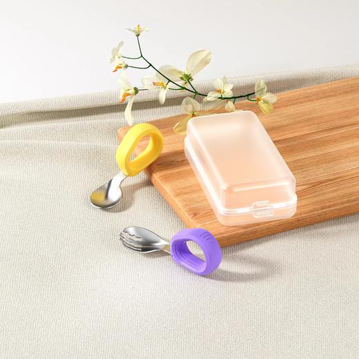 【圆环手柄，拼色组合】儿童叉勺304不锈钢 小童学吃饭短柄弯头叉子勺子 儿童餐具套装-QQ 商品图5