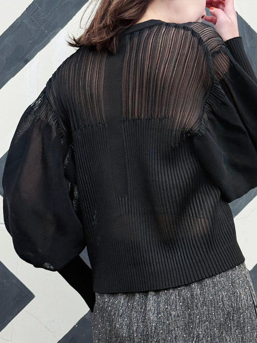 TYNVIE 欧根紗灯笼袖针织衫 - 黑色 商品图5