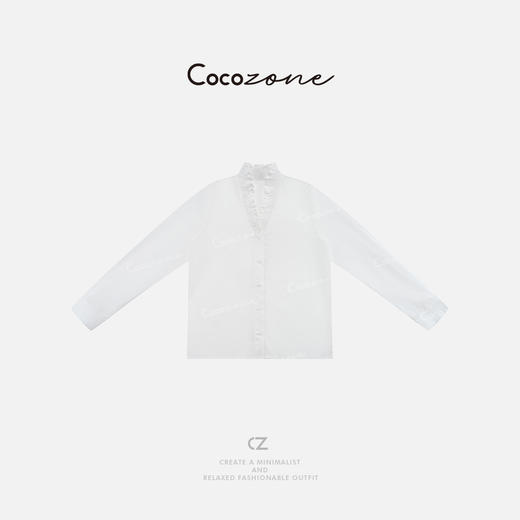 COCO ZONE 100棉春季设计感木耳边V领长袖衬衫CD1A0052 商品图0