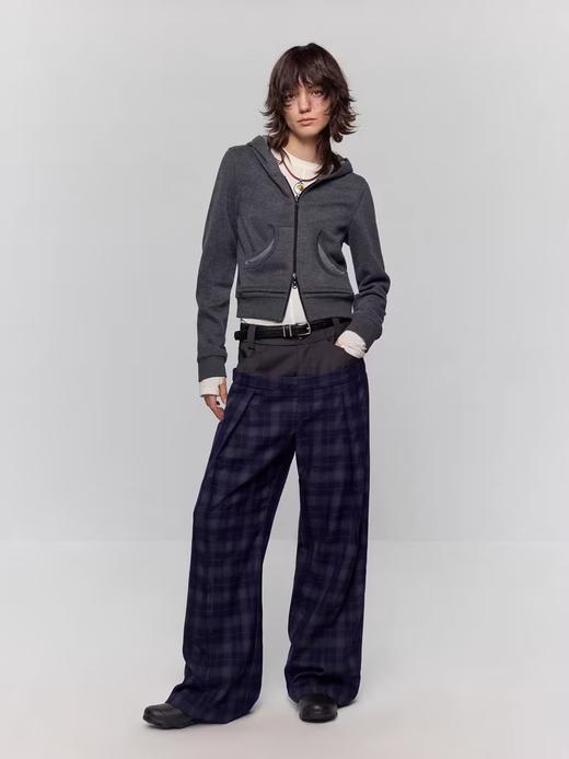 出逃赤岗西/24AWW128/原创灰色拼接格纹双拉链短款连帽卫衣 商品图2