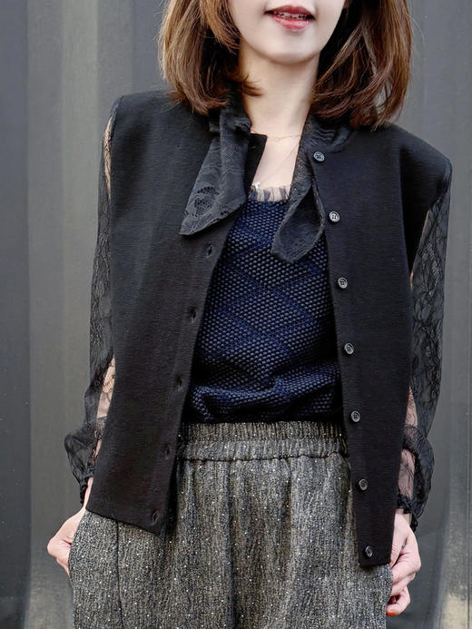 TYNVIE 蕾丝袖围巾领开衫-黑色 商品图2