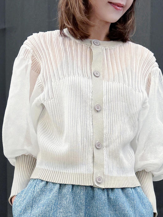 TYNVIE 欧根紗灯笼袖针织衫-米白 商品图1