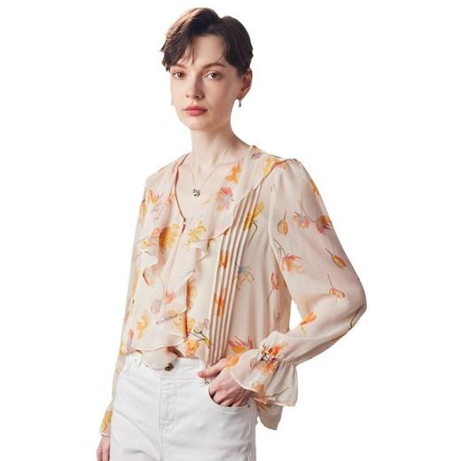 真丝衬衫女2025春夏新款乔其印花两件套荷叶边领100%桑蚕丝上衣 商品图4