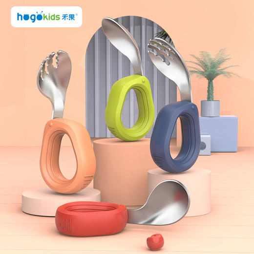 【圆环手柄，拼色组合】儿童叉勺304不锈钢 小童学吃饭短柄弯头叉子勺子 儿童餐具套装-QQ 商品图0