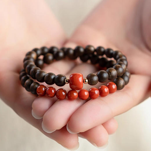 【经典】木石盟沉香木天然南红双圈手串6mm  新中式国风满肉南红玛瑙石手链带证书 商品图2